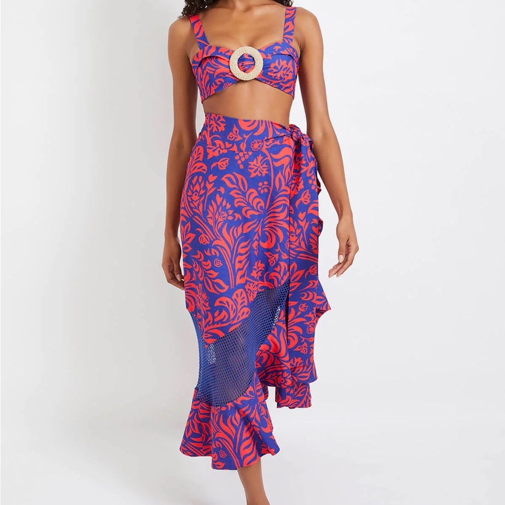 PatBo Pua Lace Trim Wrap Skirt and Bra - Lobster/Cobalt